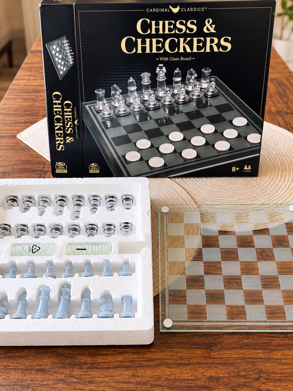 Cardinal Classics Glass Chess & Checkers Set in Silver and Light Blue